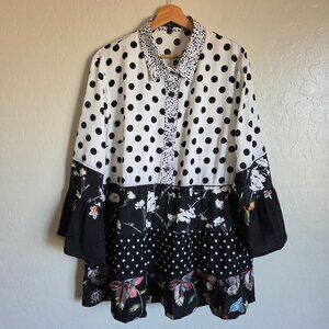 Calessa Polka Dot Mixed Print Embroidered Bell Sleeve Tunic Black XL Artsy Boho